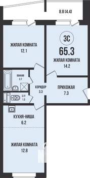 2-к квартира, строящийся дом, 65м2, 2/13 этаж