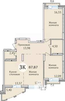 2-к квартира, сданный дом, 63м2, 1/23 этаж