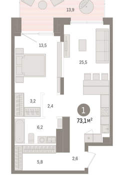 1-к квартира, вторичка, 73м2, 1/15 этаж