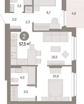 2-к квартира, вторичка, 58м2, 4/12 этаж