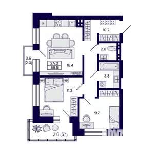 2-к квартира, вторичка, 57м2, 3/10 этаж