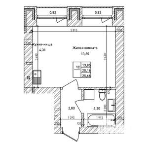 1-к квартира, строящийся дом, 25м2, 1/14 этаж