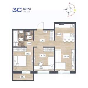 3-к квартира, строящийся дом, 58м2, 6/17 этаж