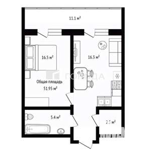 1-к квартира, сданный дом, 52м2, 2/9 этаж
