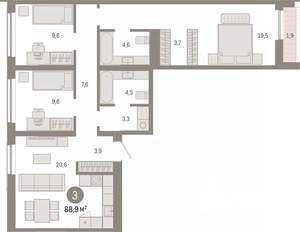 3-к квартира, вторичка, 89м2, 2/7 этаж
