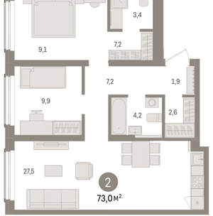 2-к квартира, вторичка, 73м2, 2/15 этаж