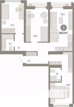 3-к квартира, вторичка, 90м2, 3/9 этаж