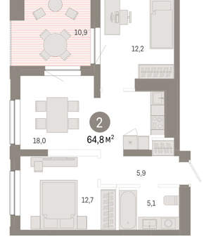 2-к квартира, вторичка, 65м2, 16/17 этаж