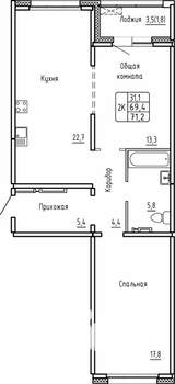 2-к квартира, вторичка, 71м2, 9/14 этаж