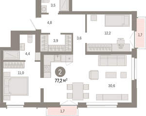 2-к квартира, вторичка, 77м2, 12/23 этаж