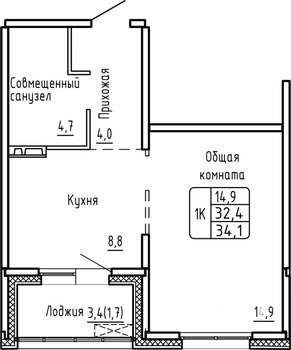 1-к квартира, строящийся дом, 34м2, 2/17 этаж
