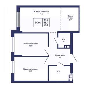 3-к квартира, вторичка, 55м2, 1/24 этаж