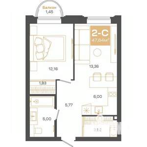 2-к квартира, строящийся дом, 47м2, 7/24 этаж