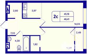 2-к квартира, вторичка, 46м2, 16/26 этаж