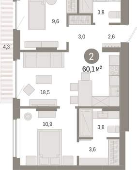 2-к квартира, вторичка, 60м2, 3/12 этаж