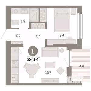 1-к квартира, вторичка, 39м2, 9/12 этаж
