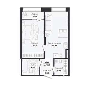 2-к квартира, строящийся дом, 39м2, 8/9 этаж