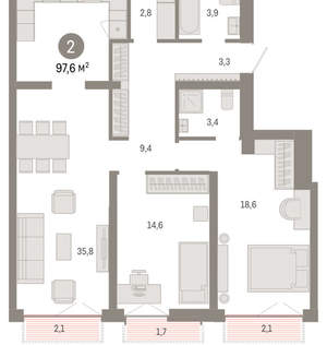 2-к квартира, вторичка, 98м2, 2/23 этаж