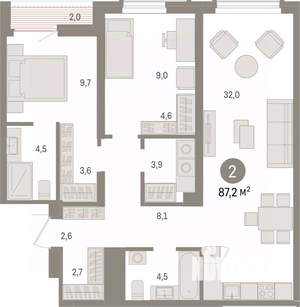 2-к квартира, вторичка, 87м2, 11/15 этаж
