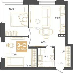 3-к квартира, строящийся дом, 60м2, 7/24 этаж