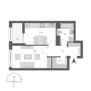 1-к квартира, строящийся дом, 41м2, 12/21 этаж