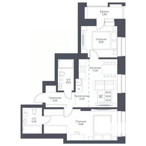 3-к квартира, вторичка, 59м2, 20/24 этаж