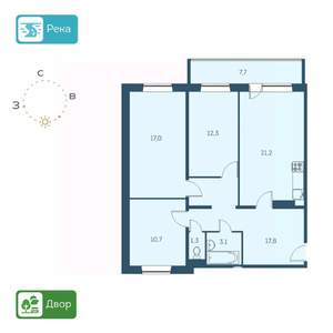 3-к квартира, строящийся дом, 87м2, 2/17 этаж