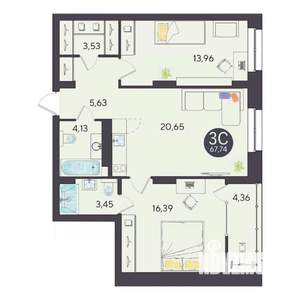 3-к квартира, строящийся дом, 68м2, 4/10 этаж