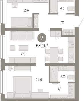 2-к квартира, вторичка, 68м2, 1/15 этаж