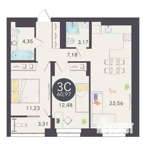 3-к квартира, вторичка, 61м2, 2/25 этаж