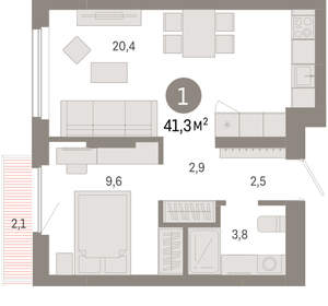 1-к квартира, вторичка, 41м2, 7/12 этаж