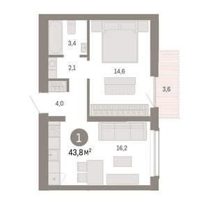 1-к квартира, вторичка, 44м2, 3/8 этаж