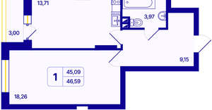1-к квартира, вторичка, 47м2, 11/26 этаж