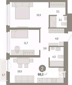2-к квартира, вторичка, 67м2, 17/23 этаж