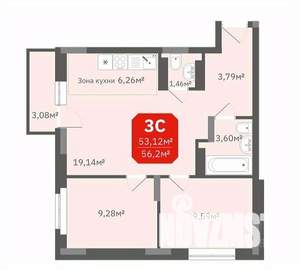 3-к квартира, строящийся дом, 53м2, 13/17 этаж