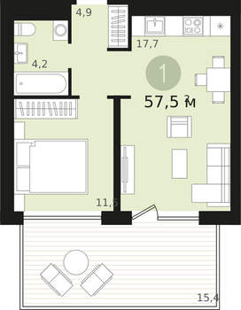 1-к квартира, сданный дом, 42м2, 2/18 этаж