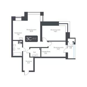 3-к квартира, строящийся дом, 78м2, 16/30 этаж