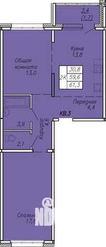 2-к квартира, вторичка, 61м2, 1/17 этаж