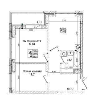 2-к квартира, вторичка, 54м2, 14/21 этаж