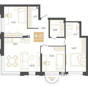 4-к квартира, вторичка, 91м2, 9/24 этаж