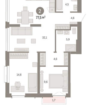 2-к квартира, вторичка, 77м2, 12/23 этаж