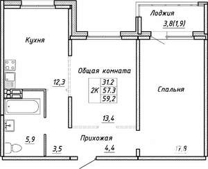 2-к квартира, строящийся дом, 59м2, 1/17 этаж