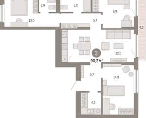 3-к квартира, вторичка, 90м2, 6/12 этаж
