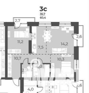 3-к квартира, вторичка, 60м2, 12/18 этаж