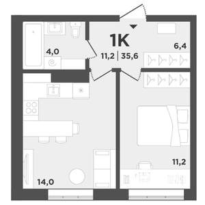 1-к квартира, вторичка, 36м2, 1/9 этаж