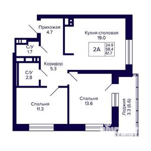2-к квартира, вторичка, 62м2, 20/20 этаж