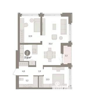 2-к квартира, вторичка, 78м2, 12/16 этаж