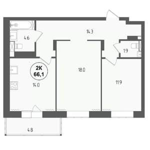 2-к квартира, вторичка, 66м2, 14/18 этаж