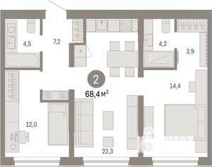 2-к квартира, вторичка, 68м2, 1/7 этаж