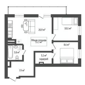 2-к квартира, вторичка, 55м2, 18/24 этаж